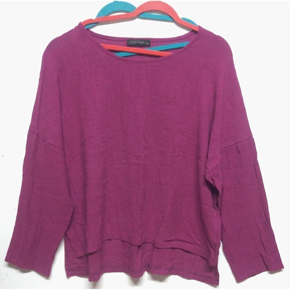 5XL Womens top cotton purple Casual Blouse 3/4 Sleeve pullover high low EUC